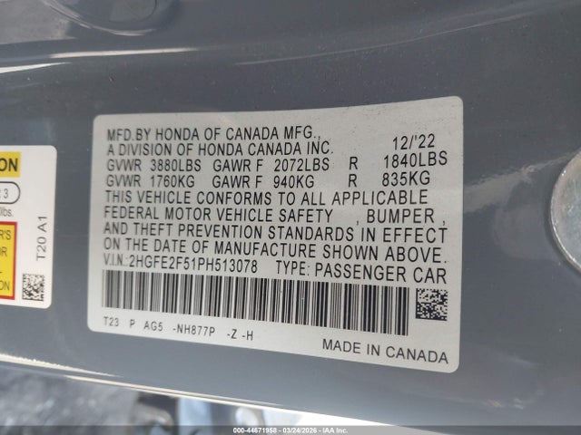 Продаж на аукціоні авто 2023 Honda Civic Sport, vin: 2HGFE2F51PH513078, номер лоту: 44671958