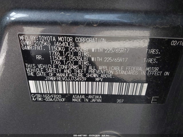 2018 Toyota Rav4 Le მანქანა იყიდება აუქციონზე, vin: JTMBFREV0JJ734939, აუქციონის ნომერი: 44671961