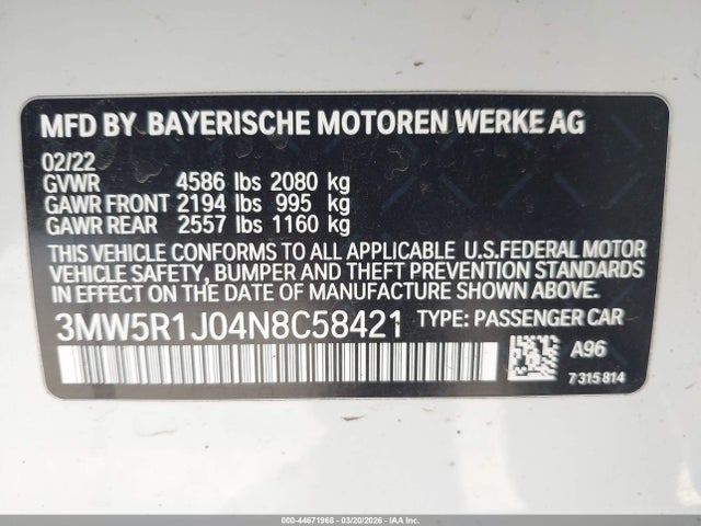 Продаж на аукціоні авто 2022 Bmw 330i, vin: 3MW5R1J04N8C58421, номер лоту: 44671968