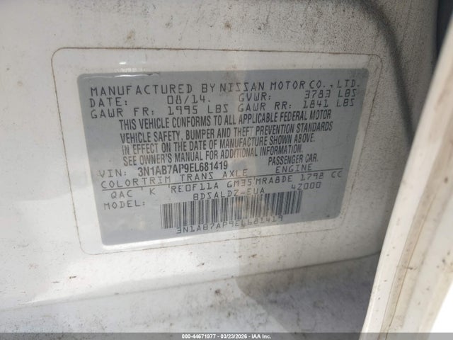 44671977 :رقم المزاد ، 3N1AB7AP9EL681419 vin ، 2014 Nissan Sentra Fe+ S/fe+ Sv/s/sl/sr/sv مزاد بيع
