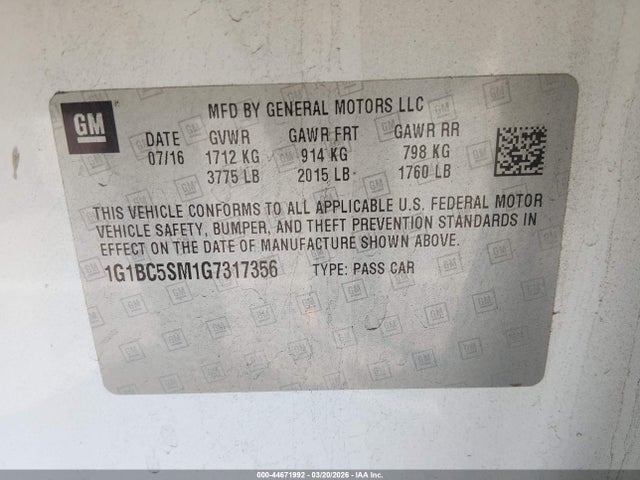 1G1BC5SM1G7317356 Chevrolet Cruze Ls Auto