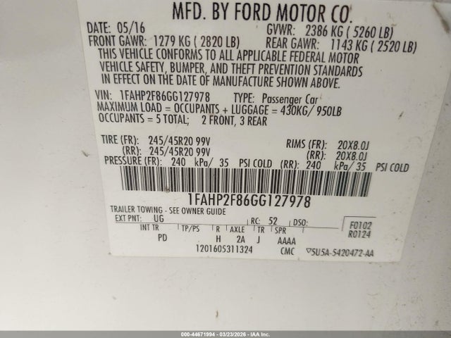 1FAHP2F86GG127978 Ford Taurus Limited