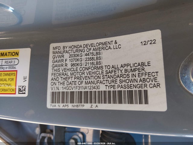 1HGCV1F31NA123430 Honda Accord Sport