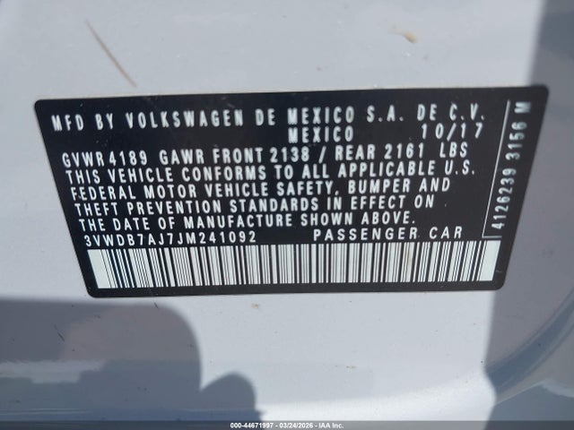 Aukcja sprzedaży 2018 Volkswagen Jetta 1.4t Se/1.4t Wolfsburg Edition, vin: 3VWDB7AJ7JM241092, numer aukcji: 44671997