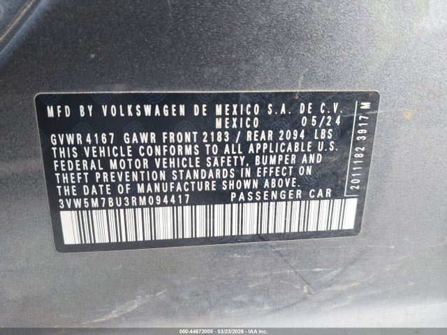 2024 Volkswagen Jetta 1.5t S მანქანა იყიდება აუქციონზე, vin: 3VW5M7BU3RM094417, აუქციონის ნომერი: 44672005