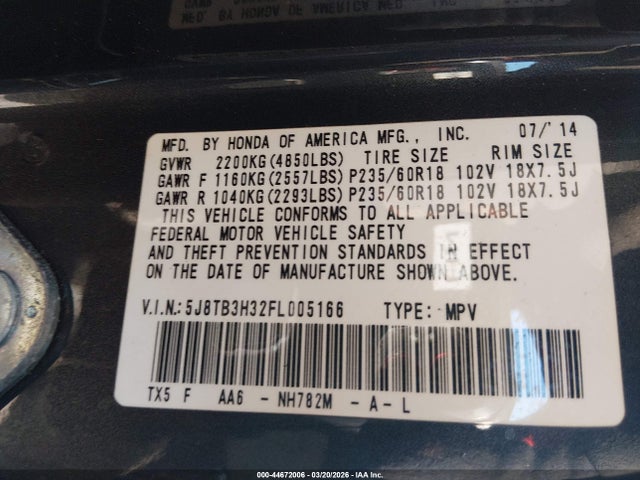 Aukcja sprzedaży 2015 Acura Rdx, vin: 5J8TB3H32FL005166, numer aukcji: 44672006