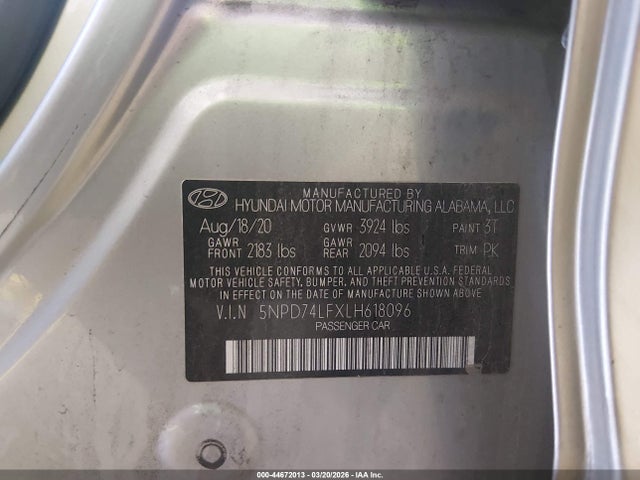 Продажа на аукционе авто 2020 Hyundai Elantra Se, vin: 5NPD74LFXLH618096, номер лота: 44672013