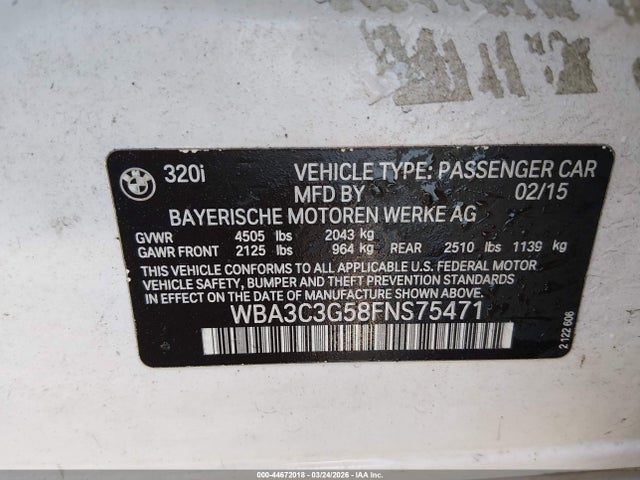 2015 Bmw 320i Xdrive მანქანა იყიდება აუქციონზე, vin: WBA3C3G58FNS75471, აუქციონის ნომერი: 44672018