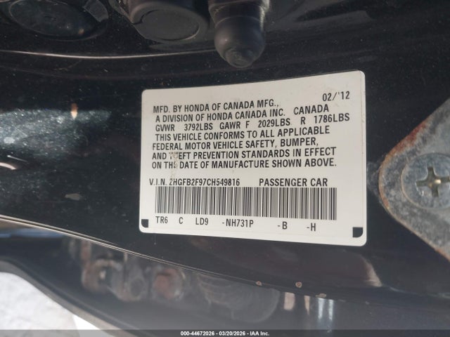 2012 HONDA CIVIC SDN 2HGFB2F97CH549816 Photo 8
