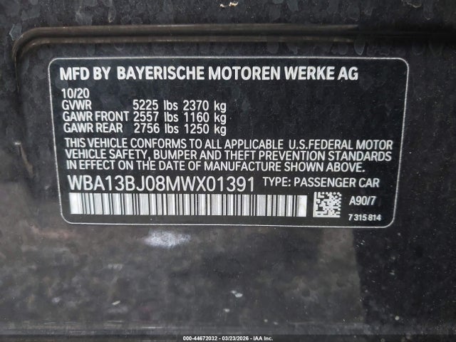 Продаж на аукціоні авто 2021 Bmw 530i Xdrive, vin: WBA13BJ08MWX01391, номер лоту: 44672032