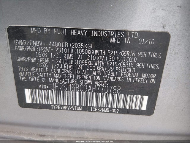 2010 Subaru Forester 2.5x მანქანა იყიდება აუქციონზე, vin: JF2SH6BC3AH770788, აუქციონის ნომერი: 44672034