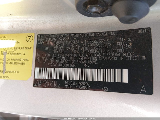2005 Lexus Rx 330 მანქანა იყიდება აუქციონზე, vin: 2T2GA31UX5C041663, აუქციონის ნომერი: 44672047