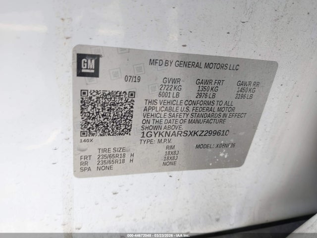 44672048 :رقم المزاد ، 1GYKNARSXKZ299610 vin ، 2019 Cadillac Xt5 Standard مزاد بيع