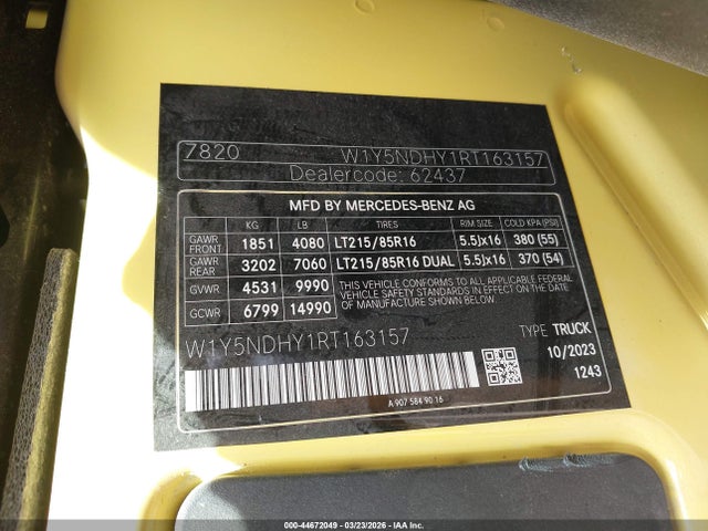 Продаж на аукціоні авто 2024 Mercedes-benz Sprinter 3500 High Roof 4-cyl Diesel Ho, vin: W1Y5NDHY1RT163157, номер лоту: 44672049