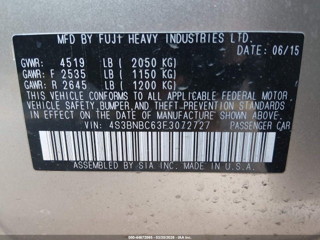 Aukcja sprzedaży 2015 Subaru Legacy 2.5i Premium, vin: 4S3BNBC63F3072727, numer aukcji: 44672065