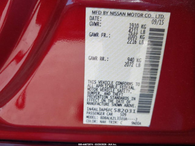 1N4AL3AP6FC582031 Nissan Altima 2.5 Sv