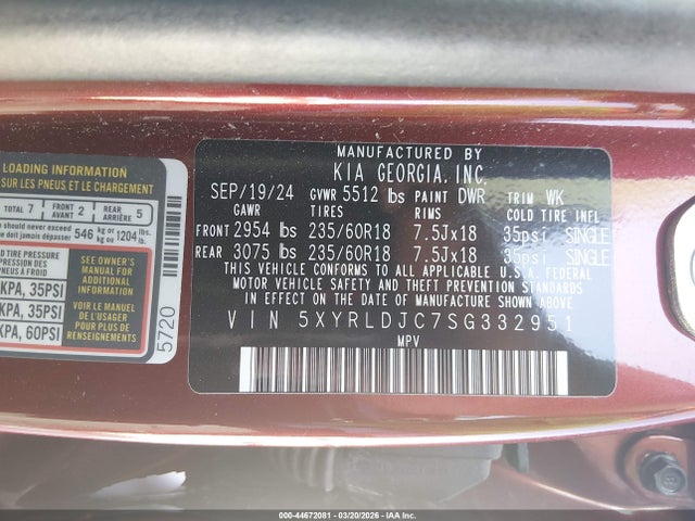 2025 Kia Sorento S მანქანა იყიდება აუქციონზე, vin: 5XYRLDJC7SG332951, აუქციონის ნომერი: 44672081