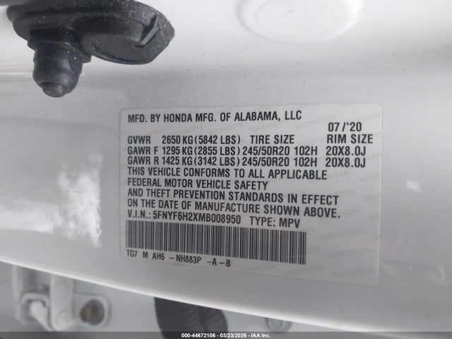 44672106 :رقم المزاد ، 5FNYF6H2XMB008950 vin ، 2021 Honda Pilot Awd Special Edition مزاد بيع