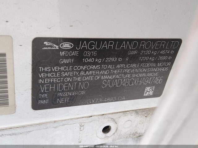 44672107 :رقم المزاد ، SAJAD4BGXHA947466 vin ، 2017 Jaguar Xe 25t Premium مزاد بيع