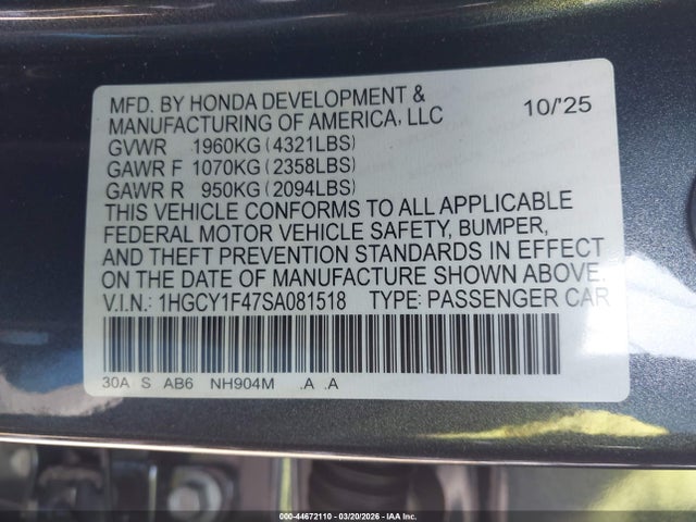 1HGCY1F47SA081518 Honda ACCORD SE