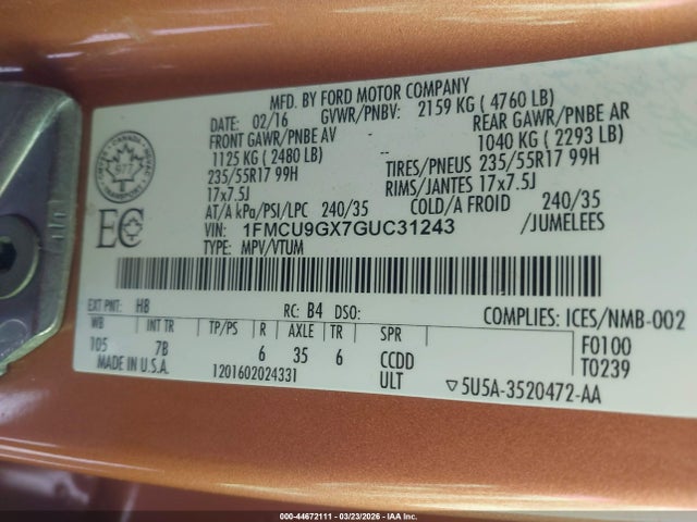 2016 FORD ESCAPE 1FMCU9GX7GUC31243 Photo 8