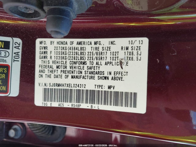 Продаж на аукціоні авто 2014 Honda Cr-v Ex-l, vin: 5J6RM4H7XEL024312, номер лоту: 44672135
