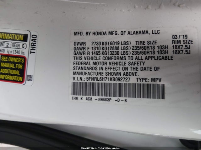 5FNRL6H71KB092727 Honda Odyssey Ex-l