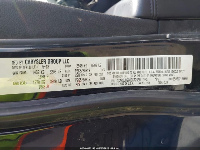 Продаж на аукціоні авто 2013 Dodge Durango Crew, vin: 1C4RDJDG6DC677468, номер лоту: 44672142