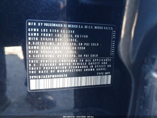 44672143 :رقم المزاد ، 3VVCB7AX0PM098676 vin ، 2023 Volkswagen Tiguan 2.0t Se R-line Black مزاد بيع