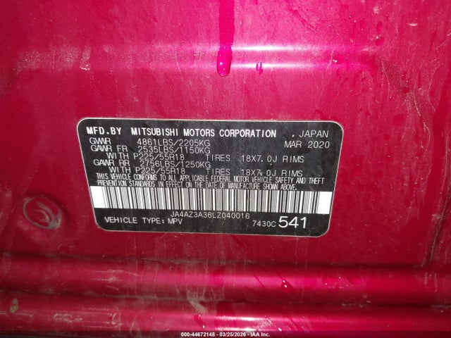 Продаж на аукціоні авто 2020 Mitsubishi Outlander Se/sel/le, vin: JA4AZ3A36LZ040016, номер лоту: 44672148