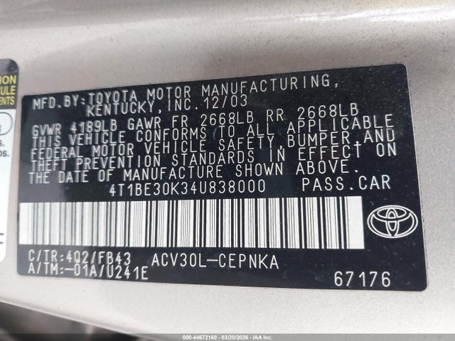 2004 TOYOTA CAMRY 4T1BE30K34U838000 Photo 8