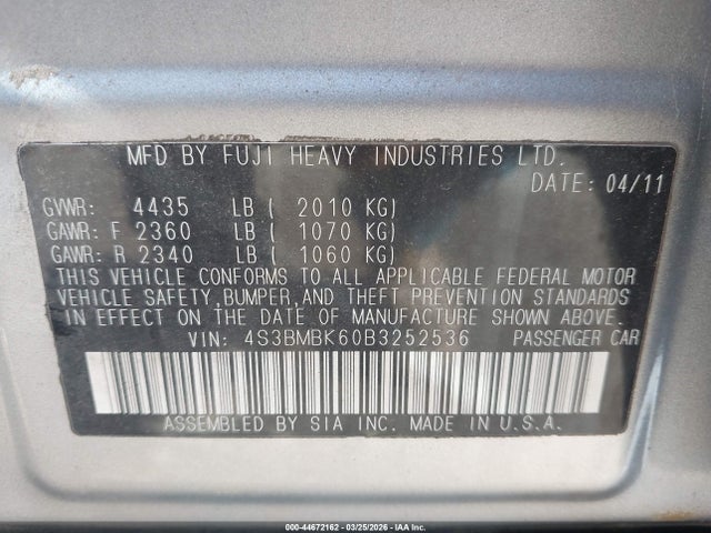 44672162 :رقم المزاد ، 4S3BMBK60B3252536 vin ، 2011 Subaru Legacy 2.5i Limited مزاد بيع