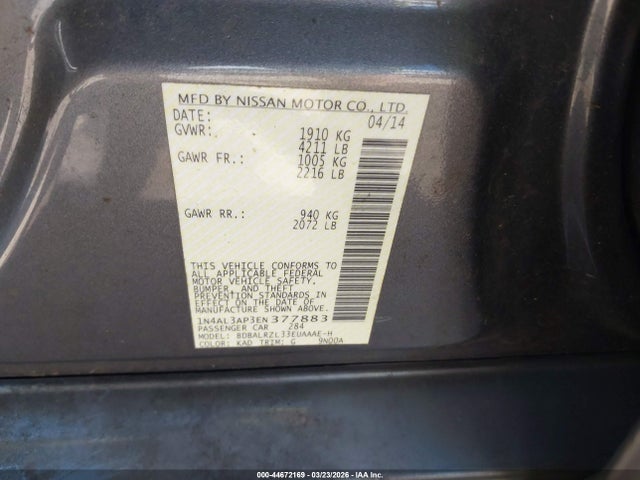 2014 Nissan Altima 2.5 S მანქანა იყიდება აუქციონზე, vin: 1N4AL3AP3EN377883, აუქციონის ნომერი: 44672169