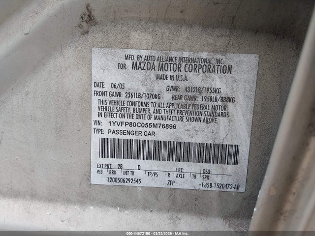 44672180 :رقم المزاد ، 1YVFP80C055M76896 vin ، 2005 Mazda Mazda6 I Base مزاد بيع