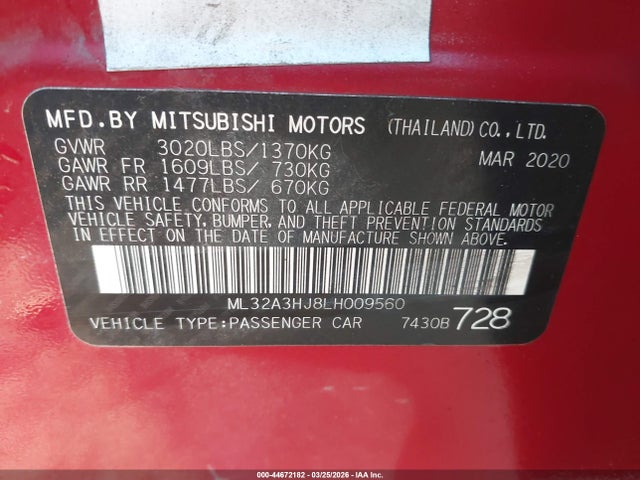 Продаж на аукціоні авто 2020 Mitsubishi Mirage Es/se, vin: ML32A3HJ8LH009560, номер лоту: 44672182
