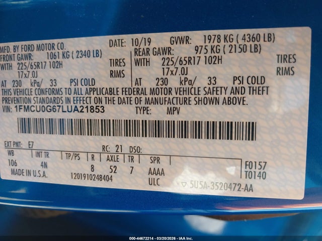 1FMCU0G67LUA21853 Ford ESCAPE SE