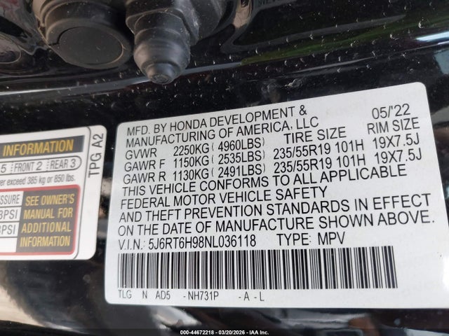 5J6RT6H98NL036118 Honda Cr-v Hybrid Touring