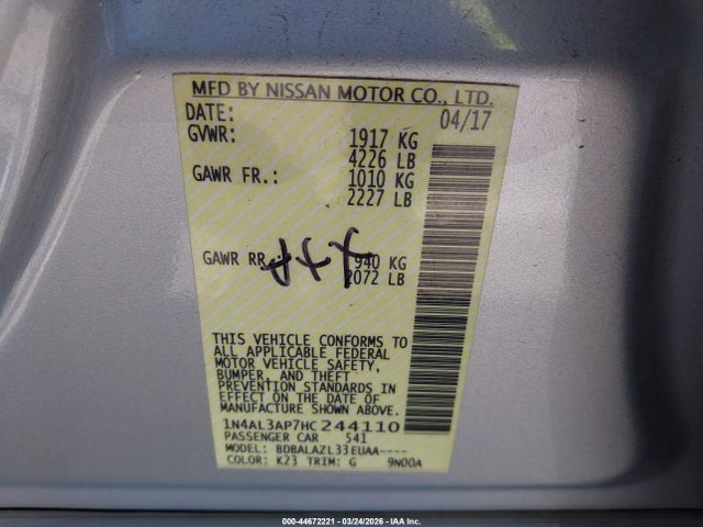 2017 Nissan Altima 2.5 მანქანა იყიდება აუქციონზე, vin: 1N4AL3AP7HC244110, აუქციონის ნომერი: 44672221
