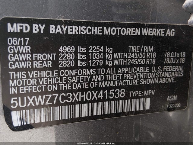 Aukcja sprzedaży 2017 Bmw X3 Sdrive28i, vin: 5UXWZ7C3XH0X41538, numer aukcji: 44672223