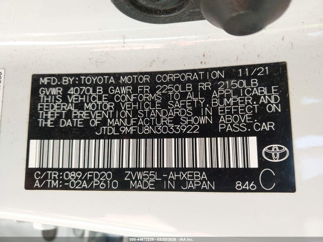 JTDL9MFU8N3033922 Toyota Prius Le Awd-e