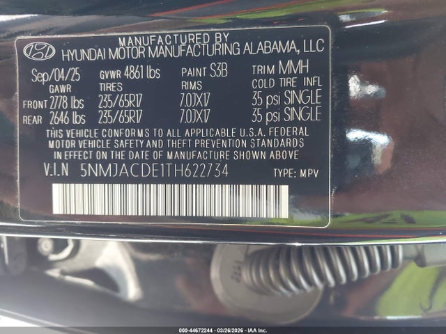 44672244 :رقم المزاد ، 5NMJACDE1TH622734 vin ، 2026 Hyundai Tucson Se مزاد بيع