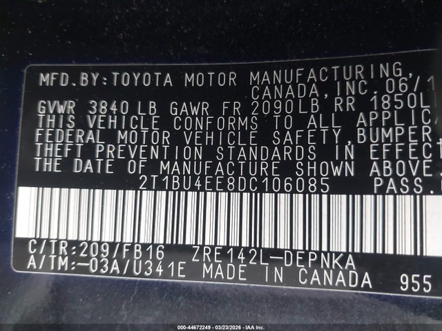 Aukcja sprzedaży 2013 Toyota Corolla Le, vin: 2T1BU4EE8DC106085, numer aukcji: 44672249