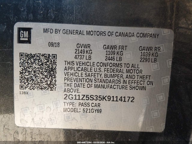 44672264 :رقم المزاد ، 2G11Z5S35K9114172 vin ، 2019 Chevrolet Impala Lt مزاد بيع
