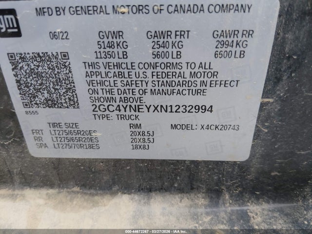 44672267 :رقم المزاد ، 2GC4YNEYXN1232994 vin ، 2022 Chevrolet Silverado 2500hd 4wd  Standard Bed Lt مزاد بيع