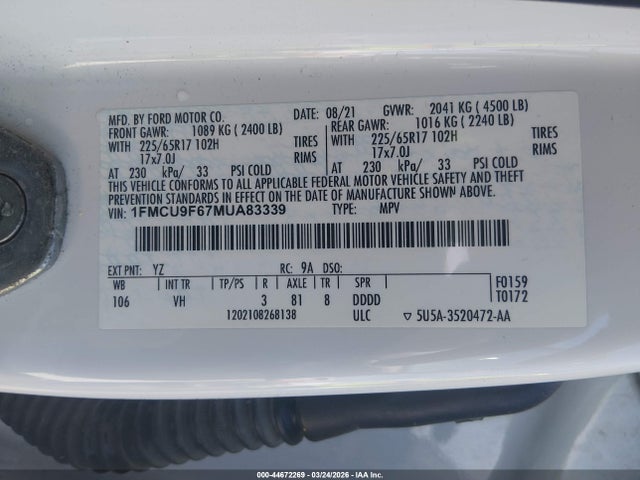 Продажа на аукционе авто 2021 Ford Escape S, vin: 1FMCU9F67MUA83339, номер лота: 44672269