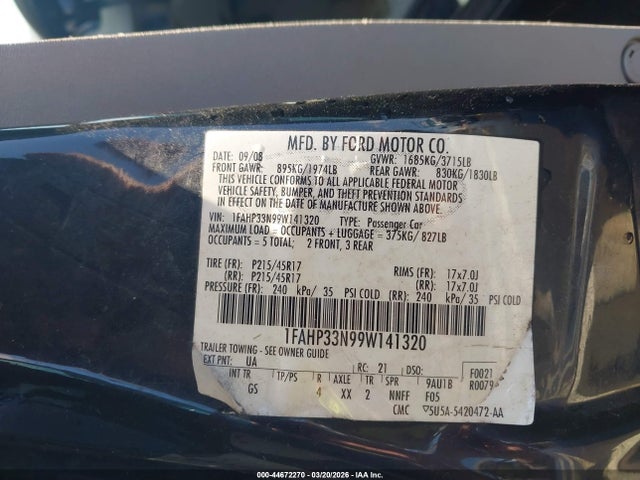 Aukcja sprzedaży 2009 Ford Focus Ses, vin: 1FAHP33N99W141320, numer aukcji: 44672270