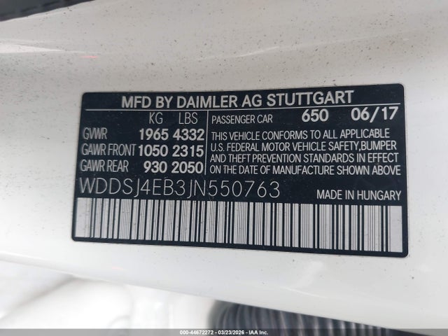 44672272 :رقم المزاد ، WDDSJ4EB3JN550763 vin ، 2018 Mercedes-benz Cla 250 مزاد بيع