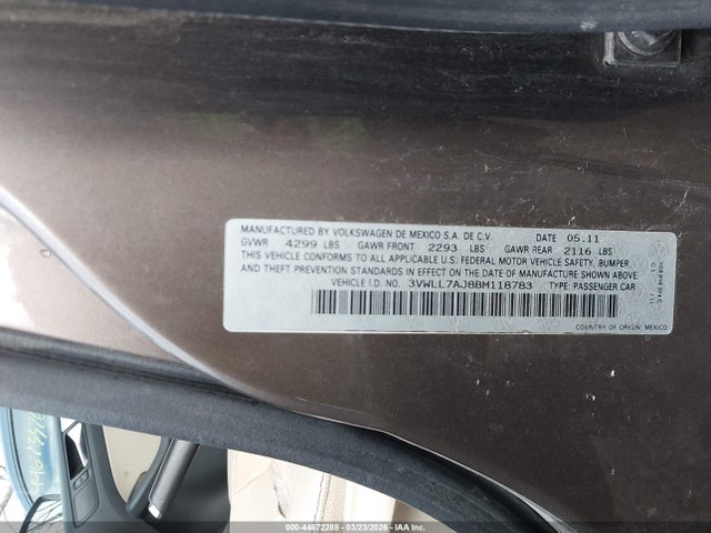 Продажа на аукционе авто 2011 Volkswagen Jetta 2.0l Tdi, vin: 3VWLL7AJ8BM118783, номер лота: 44672285