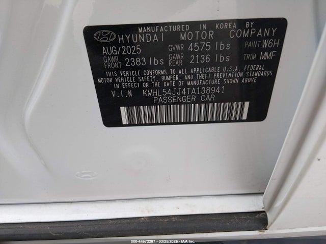 Aukcja sprzedaży 2026 Hyundai Sonata Hybrid Limited, vin: KMHL54JJ4TA138941, numer aukcji: 44672287