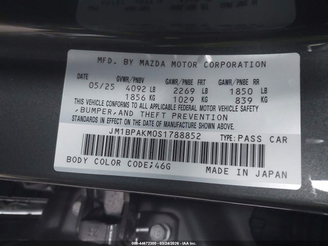 44672300 :رقم المزاد ، JM1BPAKM0S1788852 vin ، 2025 Mazda Mazda3 2.5 S Select Sport مزاد بيع